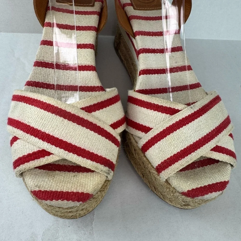 Tory Burch Red and Tan Espadrilles with Striped Design Size 9